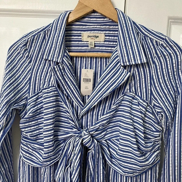 NWT Anthropologie Porridge Tie Front Blue White Stripe  Crinkle Maxi Dress XXS - Picture 7 of 8